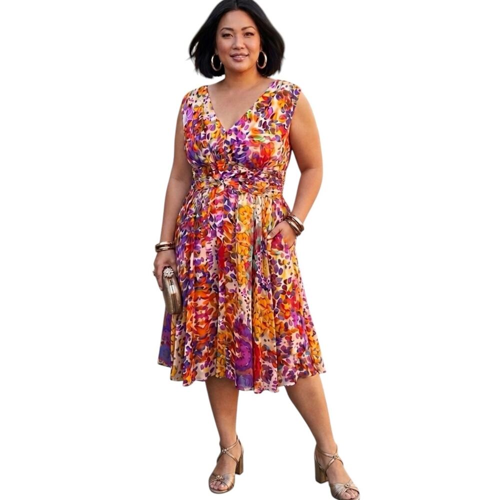 Suzi Chin for Maggy Boutique Vibrant Abstract Silk Chiffon Dress Plus Size 18W